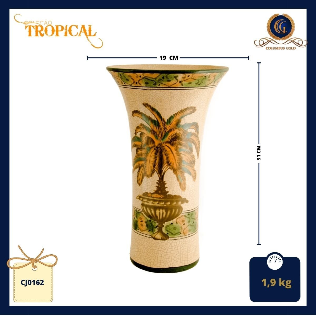Vaso em cerâmica Craquelê, fundo claro com pintura de palmeira de folhas amarelas e verdes - 2