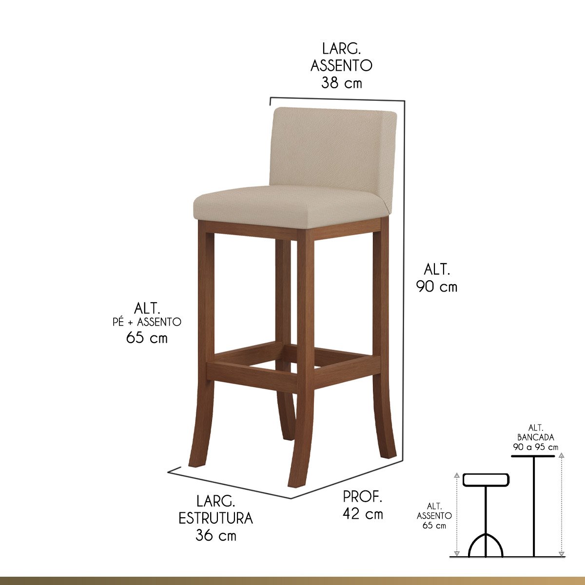 Kit 3 Banquetas Média Encosto Estofado 38x90Cm Ilha Espanha Madeira Maciça Castanho Suede Bege CCS - 2