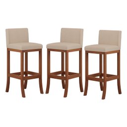 Kit 3 Banquetas Média Encosto Estofado 38x90Cm Ilha Espanha Madeira Maciça Castanho Suede Bege CCS - 1