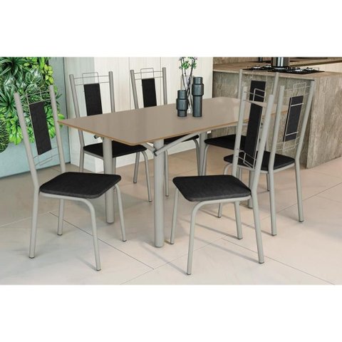Conjunto: Mesa Sala Jantar Elba Tampo Madeirado C/ Vidro 160cm e 6 Cadeiras Florença Niquel/freijo