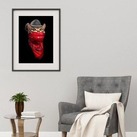 Quadro Gato Cowboy - 60x48cm:madeira Preta