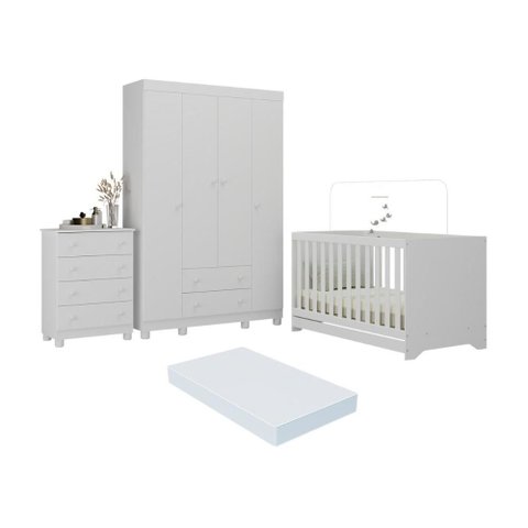 Quarto de Bebê Completo Berço Americano 3 em 1 Colchão Allegra Multimóveis Mp4602 Branco