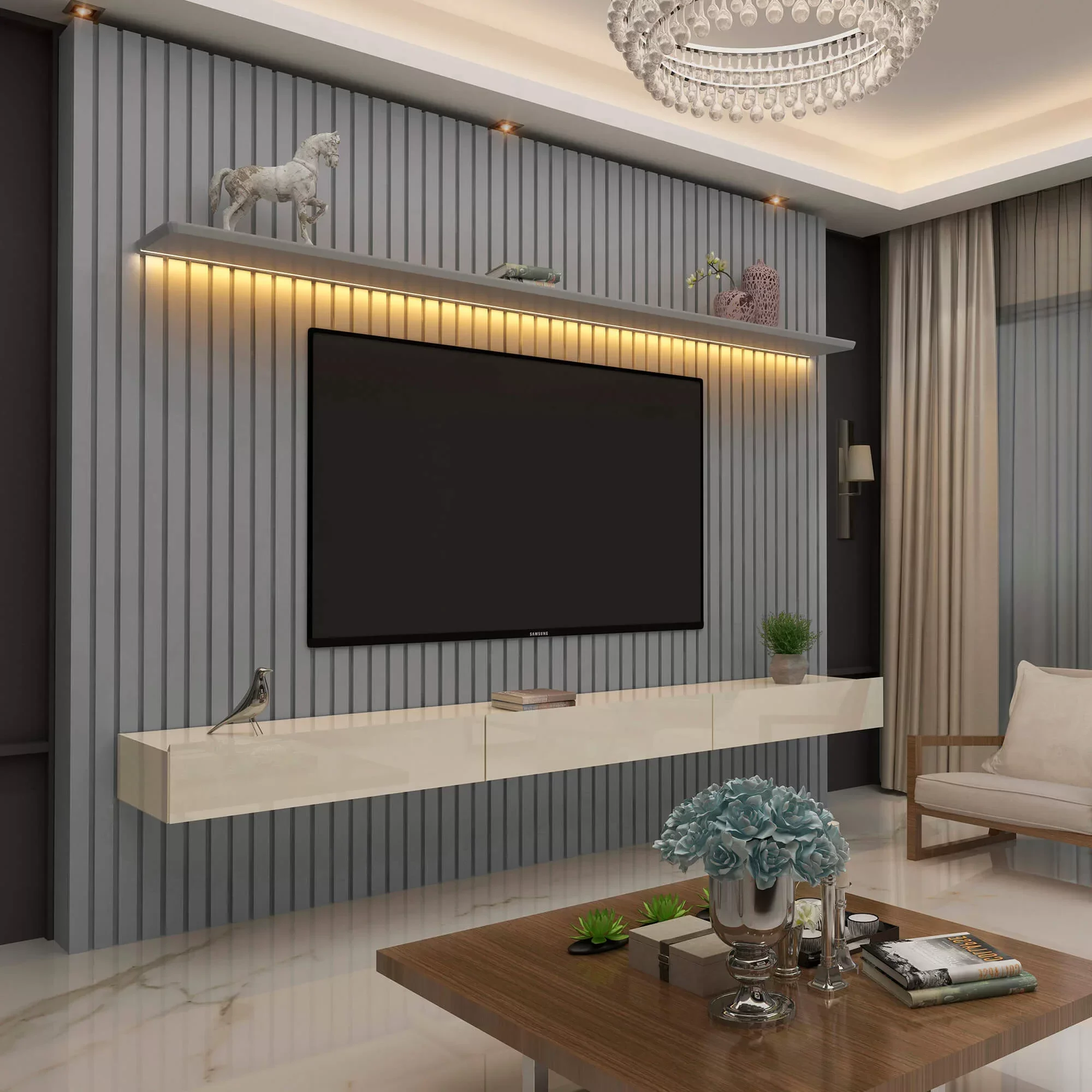 Ver imagem 2 de Painel Nobre Com Nicho 230cm para TV até 85 Polegadas com LED Gelius Cor Cinza Off White