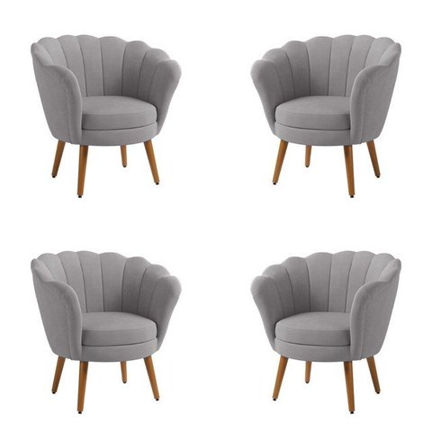 Kit 4 Poltronas Pétala Sued Cinza Claro Pés Palito - Kimi Design
