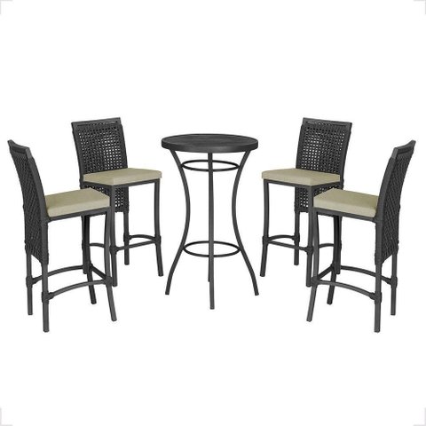 Mesa Bistrô e 4 Banquetas Roma Preta, Corda Estofado 7 Trama Preto