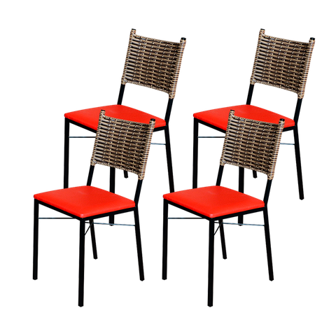 Kit 4 Cadeiras Para Cozinha Preta Ratan Cappuccino Assento Estofado - Vermelho