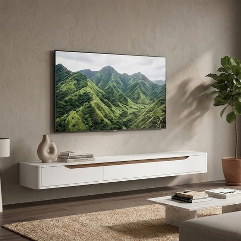 Rack Suspenso Slim Curvo 180cm para Tv até 65” Moderno Luxo Mdp/mdf com Portas Basculantes Branco Ce