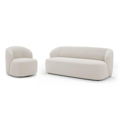 Poltrona Giratória e Sofá Orgânico Living Leez 170cm 02 Lugares Bouclê Off White - Desk Design