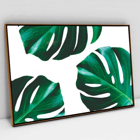 Quadro Decorativo em Canvas Folhagem Costela de Adão TaColado Moldura Flutuante 4,5cm Freijó 120 x 8