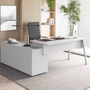 Ver imagem 1 de Mesa L Diretor Escritório com Armário Lateral 3 Gavetas 200cm Industrial Tampo Cavado e Pés Metal Ex