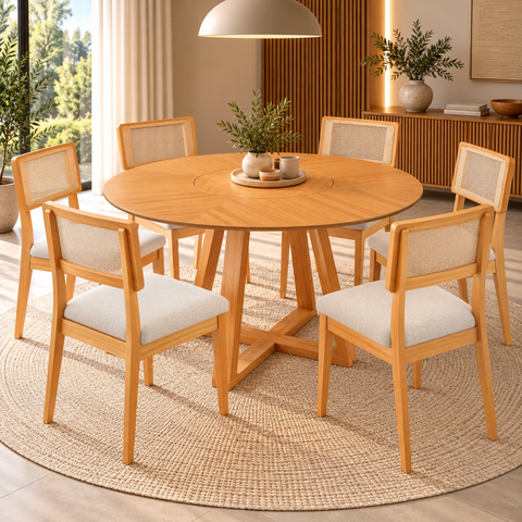 Kit Mesa de Jantar Redonda 130cm Tampo Giratório 6 Cadeiras Estofadas Encosto Tela Carvalho Rose/ Ce
