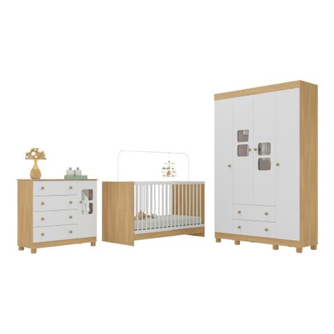 Quarto de Bebê Completo com Berço 3 em 1 para Colchão 130x60cm Sol Multimóveis Mp4518 Madeirado/