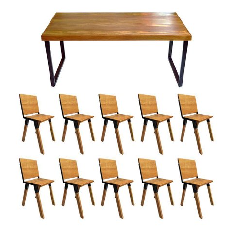 Conjunto Mesa Industrial Bernardo Madeira Maciça 2,50mx100cm C- Ferragem Preta e 10 Cadeiras