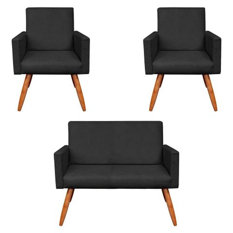 Kit 2 Poltronas/Namoradeira Veludo Preto Pés Palito Castanho