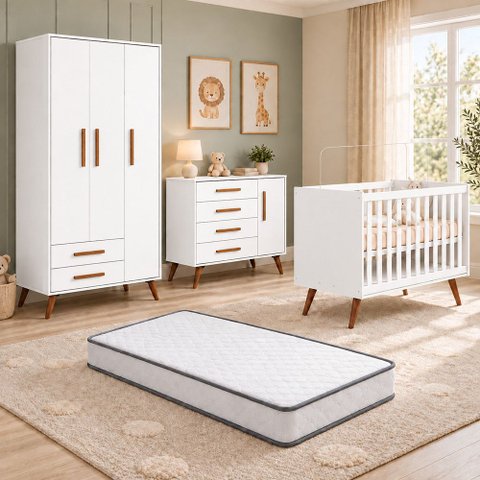 Quarto de Bebê Completo Q Encanto Retrô com Berço Mini Cama Guarda Roupa Cômoda e Colchão Movellu