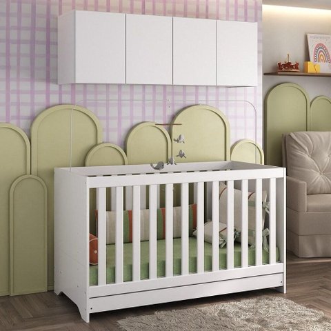 Berço 3 em 1 com Colchão e Armário Aéreo 4 Portas Multimóveis Mp4158 Branco