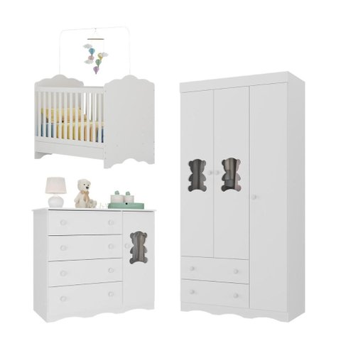 Quarto Bebê Completo Berço 3 em 1/Guarda-Roupa 3 Portas/Cômoda 4 Gavetas Vicente Multimóveis