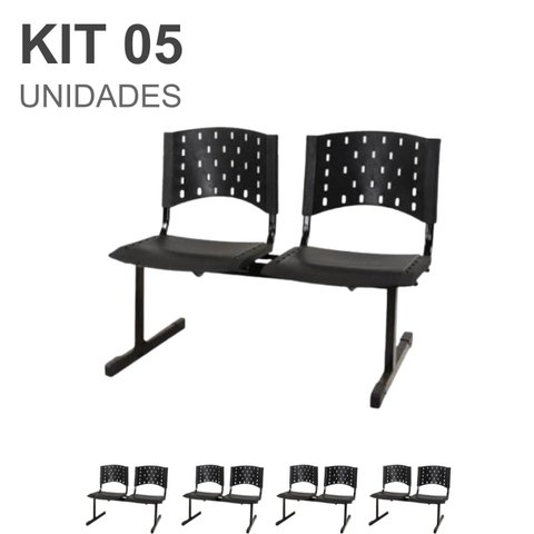 Kit 05 Cadeiras Longarinas Plásticas 02 Lugares - Cor Preta - Realplast - 23021
