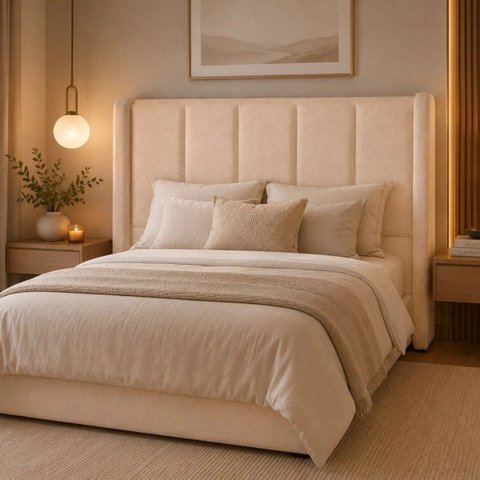 Cabeceira Valentina Estofada Queen Luxo Painel Vertical Bz Home Bege