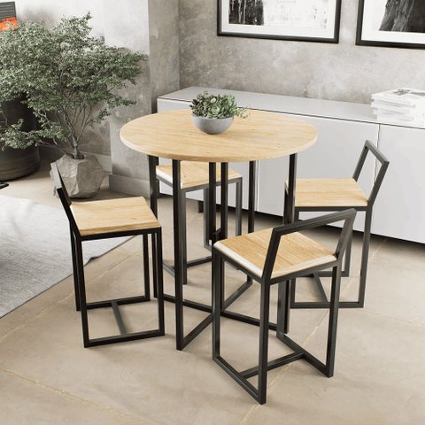 Conjunto Mesa 4 Cadeiras Tampo Pinus Redondo Industrial Black