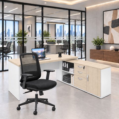 Conjunto Mesa Pedestal Presidente em L + Cadeira de Escritório Ergonômica Armário Lateral 3 Gavetas