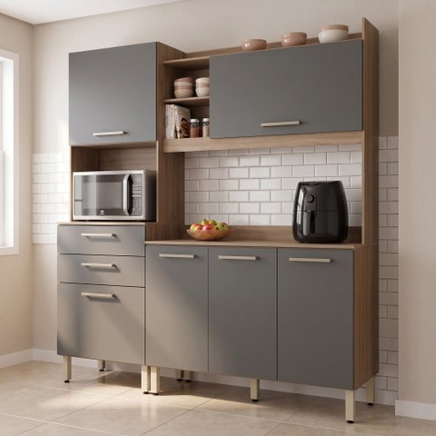 Armário de Cozinha Compacta 11 Portas 2 Gavetas com Bancada e Nichos Cinamomo/Grafite Cinza Ágata