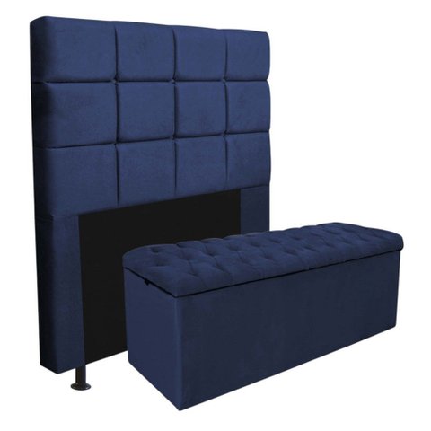 Kit Cabeceira + Calçadeira Baú Espanha 195cm King Size para Cama Box Corino Azul Marinho - Gat Magaz