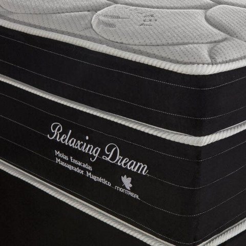 Cama Box Casal Relaxing Dream 138x188x0,64cm Molas Ensacadas Montreal Branco/Tecido Suede Preto, Malha 180g