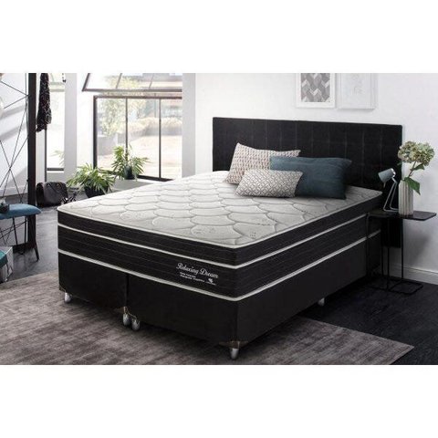 Cama Box Casal Queen Relaxing Dream 158x198x0,64 Molas Ensacadas Montreal Branco/Tecido Suede Preto, Malha 180g