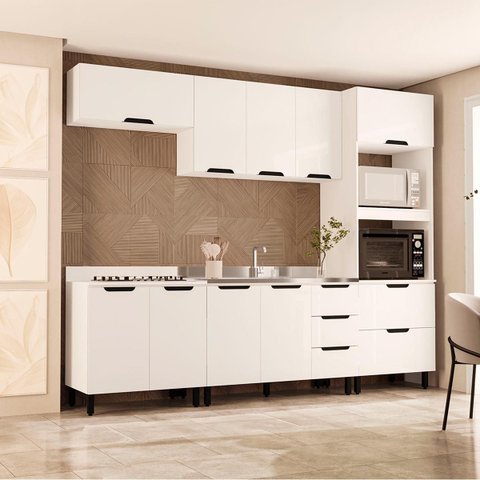 Cozinha Meena 5 Peças 270x224,5cm Armários Aéreos Torre Quente Balcões Branco 250055