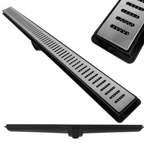 Ralo Linear Banheiro Seca Box 5x100 Inox Tradicional Espelhado Coletor Preto com Sifão Tela (5cm x 1