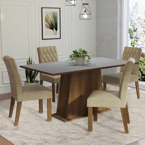 Conjunto Sala de Jantar Mesa Tampo de Madeira 4 Cadeiras