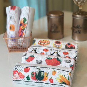 Kit 5 Pano de Louça Gourmet - Utensilio de Cozinha 100% Algodão - Pano de Copa Estampado - Casa da
