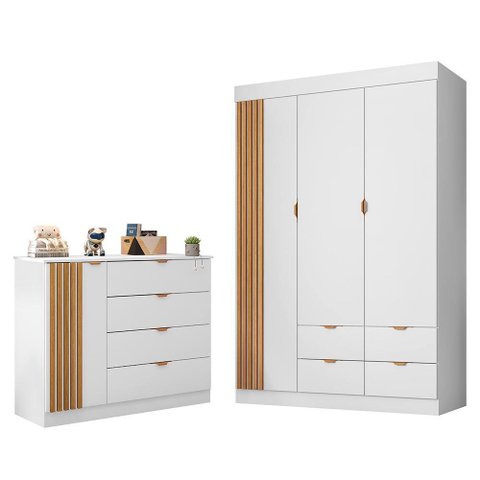 Jogo de Quarto Infantil Ayla com Guarda Roupa e Cômoda Branco Acetinado - Phoenix Baby