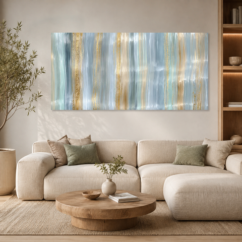 Quadro Decorativo Abstrato Azul Dourado Moderno 100x55