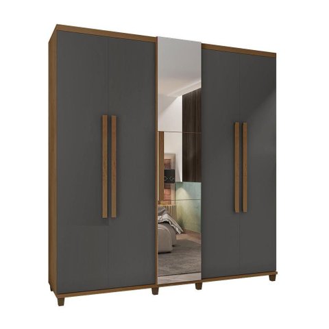 Guarda Roupa Casal Yara 5 Portas Bater 3 Gavetas MDP MDF Espelho Cinamomo Grafite RV Móveis