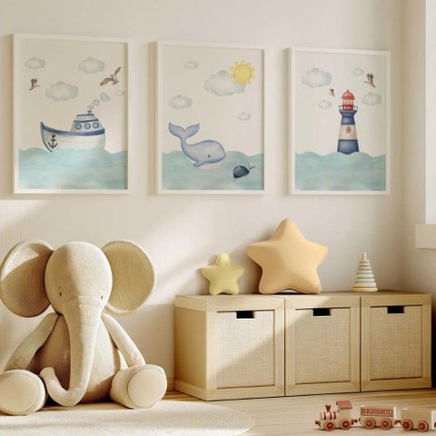 Kit 3 Quadros Decorativos Infantil | Fundo do Mar - Ondas do Mar NO2 - 30x40 - Moldura Madeira