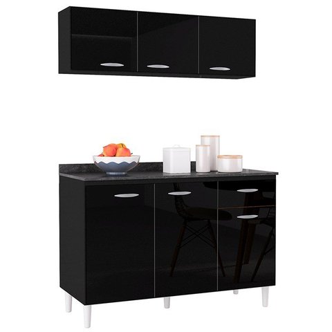 Armario Aereo 3 Portas e Balcao 120 Cm Preto Poqq