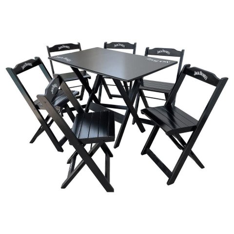 Conjunto Mesa Dobrável Madeira 110x70 com 6 Cadeiras Personalizada Jack Preta - Tarimatã