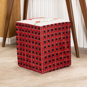 Capa de Puff Quadrado Avulsa Estampada Natalina Ajustável com Elástico - Tecido Veludo Suede Decoraç