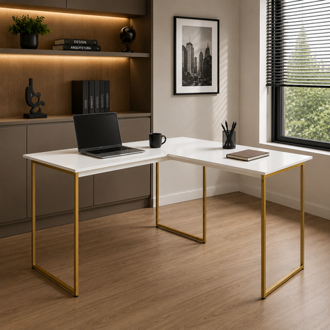 Mesa de Escritório em L para Home Office 120x90 cm Max - Branco/Dourado