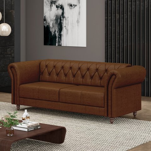 Sofá Living Sala de Estar Stanford Chesterfield 2 Lugares 220cm Pés de Madeira Couro Marrom Manchado
