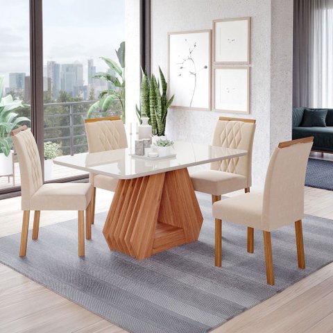 Sala de Jantar 4 Lugares Tampo de Vidro 130 cm Harper Cadeiras Madeira Maciça Cinamomo/Nude - Panora