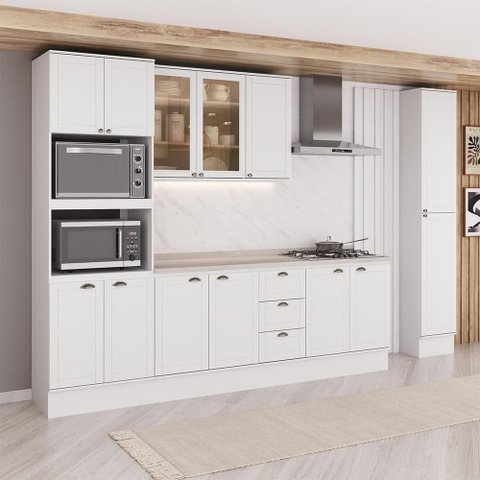 Cozinha Completa Modulada Milla Zoe 13 Portas 3 Gavetas MDF 360cm Branco Móveis Carraro