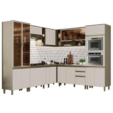 Cozinha Completa de Canto 10 Peças Connect Duna-Cristal com Torre Quente e Cristaleira - Móveis