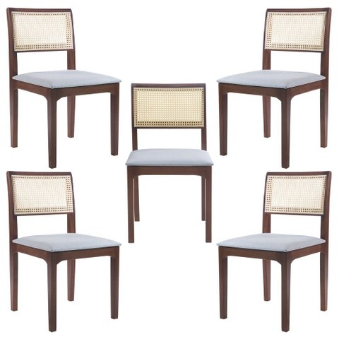 Kit 05 Cadeiras Sala de Jantar Madeira Maciça Nivea Tela Rattan Sextavano Linho Cinza/Amêndoa G55 - 