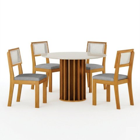 Conjunto Sala de Jantar Flora 1,08m Tampo Vidro com 4 Cadeiras Off White/Linho Cinza