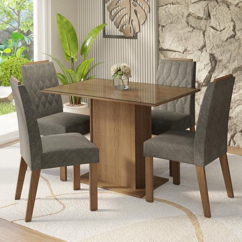 Conjunto Sala de Jantar Tampo de Vidro 4 Cadeiras Rustic/Silver Pitanga Madesa