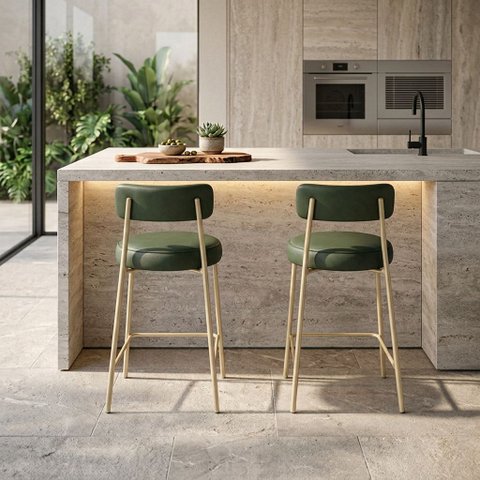Banqueta Cozinha Média com Encosto Industrial Champanhe Kit 2 Londres PU Verde D03 - D'Rossi