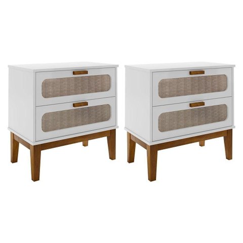 Kit 2 Mesas de Cabeceira 2 Gavetas Santorini Branco 60 Cm Palhinha Indiana - Branco